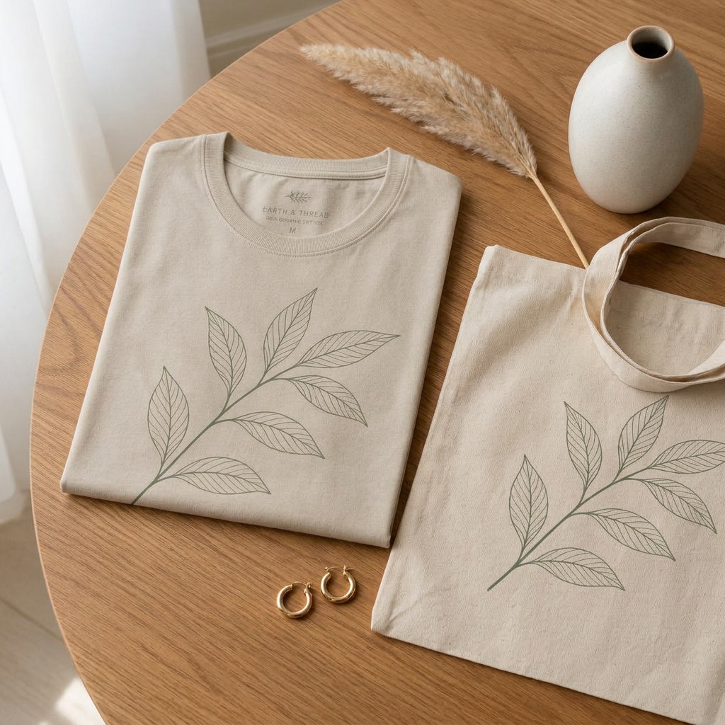 folded t-shirt flatlay with matching tote and gold hoops