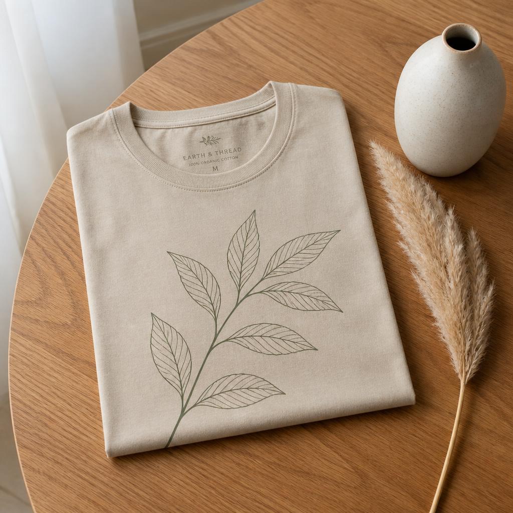 Sand colored organic cotton t-shirt with sage botanical leaf print